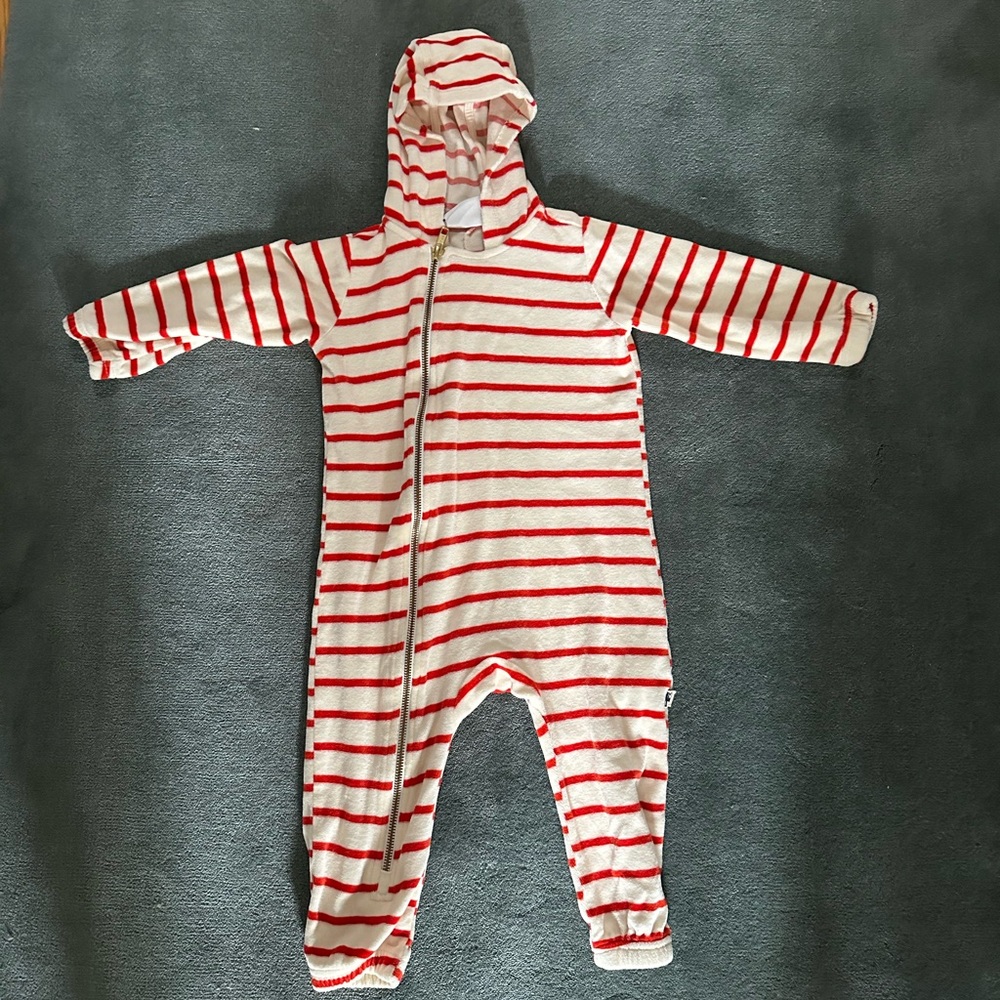 Mini Rodini Red and White Striped Hooded One-Piece Footie
